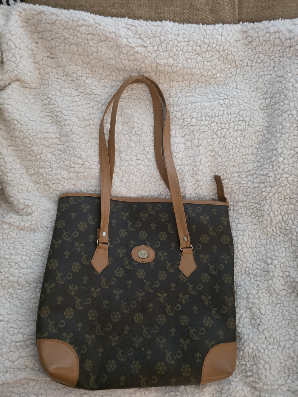 NWOT- Brown Patterned Tote Bag with Tan Trim